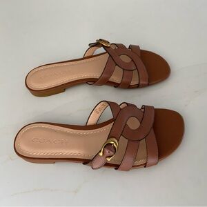 Coach Leather Kennedy Flat Slip On Open Toe Camel Brown Sandals US 8